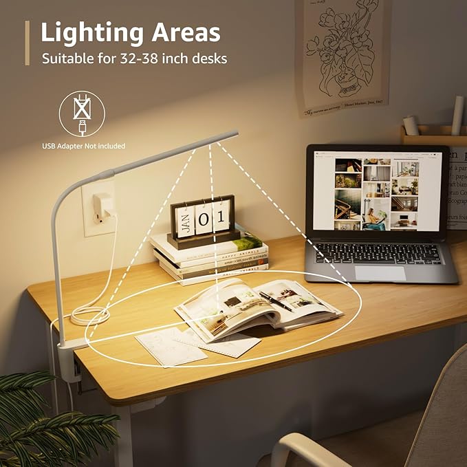 Lepro Small Desk Lamp with Clamp, LED Reading Lamps with 450LM, 3 Color Modes 10 Brightness, Dimmable USB Clip on Desk Light with Gooseneck Swing Arm for Nail, Home Office and Dorm (White)