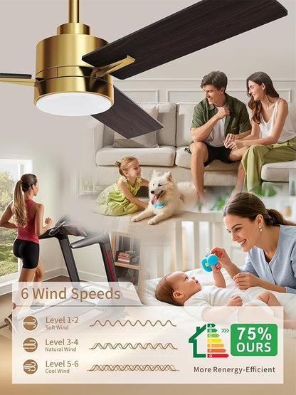 LANMEL 42'' Black and Gold Ceiling Fans with Lights and Remote, 6 Speed Low Profile Modern Ceiling Fan with Quiet DC Motor for Indoor Outdoor Bedroom Living Room