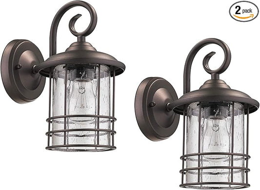 MICSIU 2-Pack 5.5" Wide Compact Oil Rubbed Bronze Outdoor Wall Sconce, 9.8 Inch Farmhouse Exterior Fixture with Clear Seedy Glass, Waterproof Max 23W Porch Lights for Front Door, Entryway, Patio