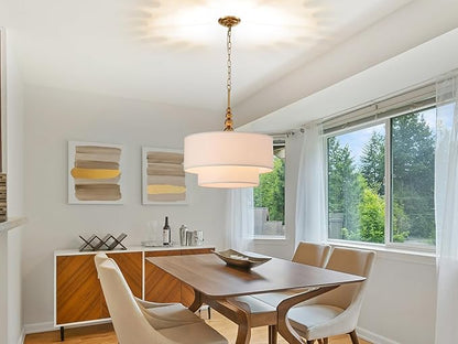 Shrine Lighting White Double Drum Chandelier, Dining Room Design, Drum Pendant Lights for Dining Room, D20'' x H10'', Adjustable Chains 55'', E12*4 Sockets, White Linen Fabric Lampshade & Gold Rod