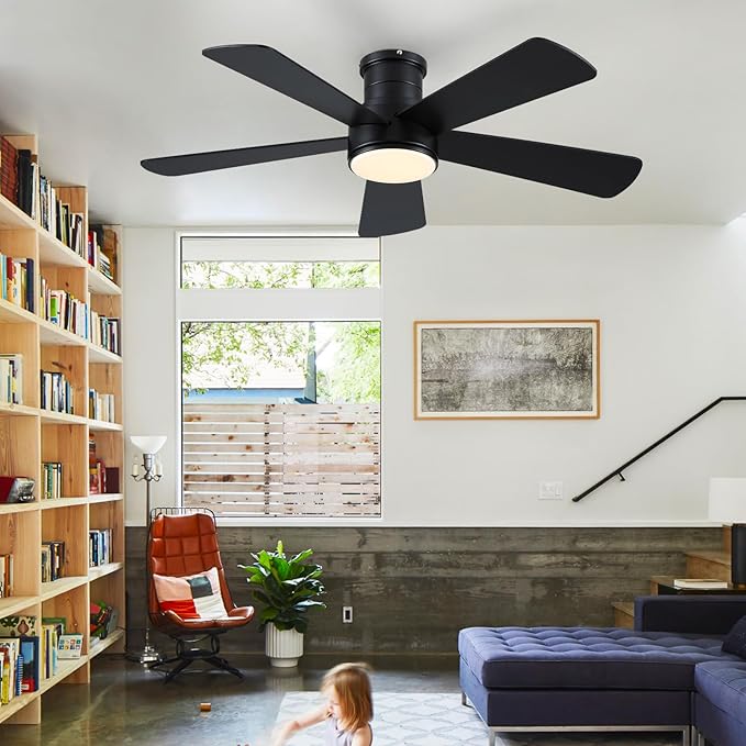 Hounberi 52 Inch Flush Mount Ceiling Fan with Lights and Remote, Modern Quiet DC Motor Low Profile Ceiling Fan for Low Ceilings, 5 Reversible Blades, 6 Speeds Dimmable, Indoor Outdoor Bedroom, Black