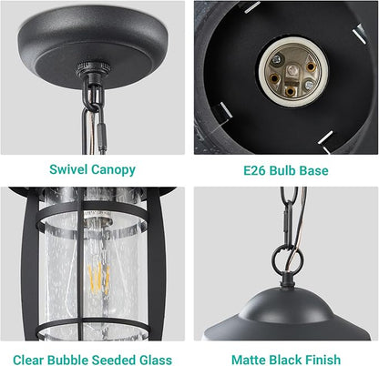 LOUSACE Outdoor Pendant Light - Adjustable Exterior Hanging Light Fixture Matte Black 1-Light Outdoor Chandelier Lantern Waterproof Aluminum with Seeded Glass for Front Porch, Gazebo, Patio, ETL List