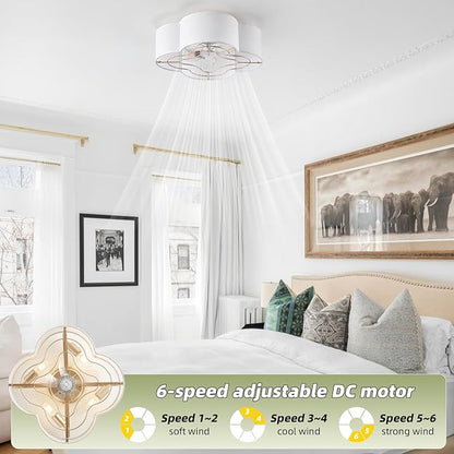 Caged Ceiling Fan with Light, Boho Flush Mount Ceiling Fan with Lights Remote Control, Rattan with 6 Speeds for Bedroom, Living Room, Foyer, Nursery
