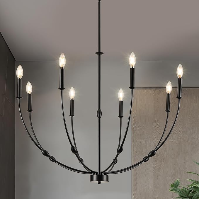 Black Chandelier 35 inch, 8-Light Modern Farmhouse Chandeliers for High Ceiling, Industrial Pendant Light Fixture for Foyer Hallway Entryway, Bedroom, Living Room, Kitchen