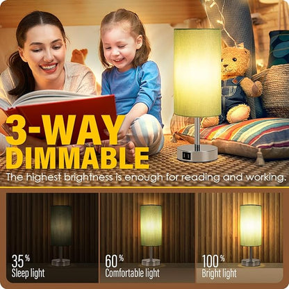 Yarra-Decor Bedside Lamp with USB Port - Touch Control Table Lamp for Bedroom 3 Way Dimmable Nightstand Lamp with Round Denim Fabric Shade for Living Room, Dorm, Home Office (LED Bulb Included)