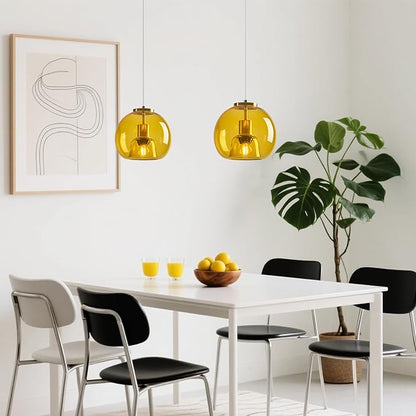 Yellow Glass Pendant Lights Kitchen Island Gold Hanging Light Fixture Glass Globe Pendant Light Modern Pendant Lighting for Kitchen Island Bedroom Dining Room (7.87", 3 Pack)