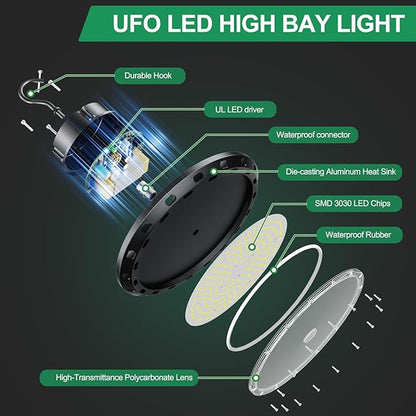 UFO LED High Bay Light 240W 5000K 0-10V Dimmable 36000LM High Bay LED Shop Lights 240w with US Plug IP65 ETL Listed 1000W HID/HPS Replacement UFO Lights for Shop Warehouse Garage Gym 4 Pack