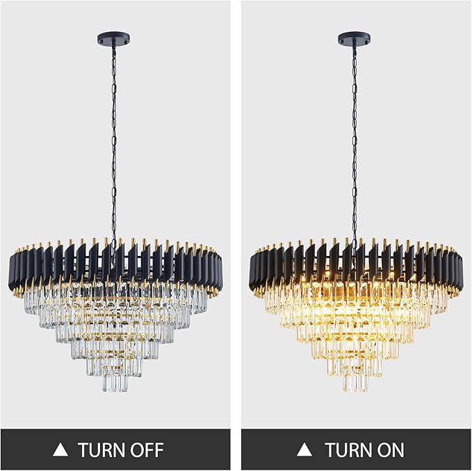 Modern Crystal Chandeliers 6 Tiers 30" Round Extra Large for Dining Room 16-Light Black and Gold Chandelier Living Room Round Contemporary Ceiling Hanging Light