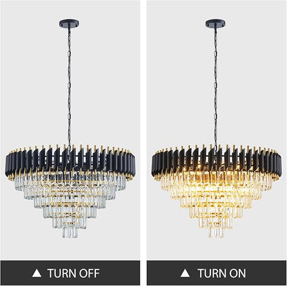 Modern Crystal Chandeliers 6 Tiers 30" Round Extra Large for Dining Room 16-Light Black and Gold Chandelier Living Room Round Contemporary Ceiling Hanging Light