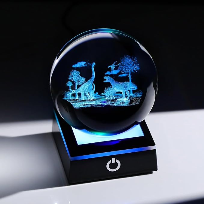 Arikyrist 3D Crystal Ball Dinosaur Figurine with Colorful Light Base, Dinosaur Gifts for Women Men Dinosaur Lovers on Christmas Birthday, Glass Dinosaur Statue Decorative Ball for Home Office