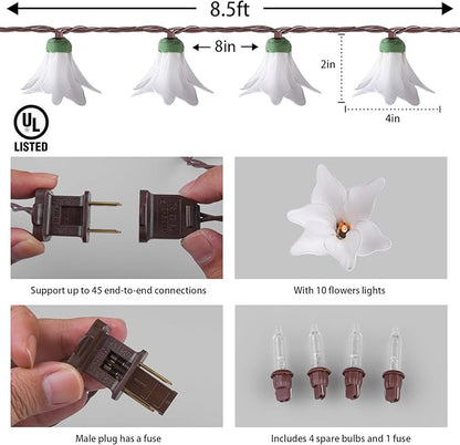 Flower String Lights Plug in with 10 LED Bulbs, Decorative Spring String Lights Indoor for Bedroom, Connectable Flower Fairy Lights Outdoor for Patio Garden Porch Floral Wedding Gifts(White Lily)
