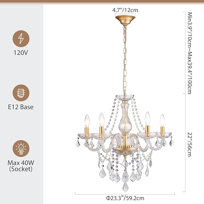 Gold Candle Crystal Glass Dining Room Chandelier 5-Light Pendant Ceiling Lighting Fixture for Kitchen Hallway Living Room Bedroom Bar Closet, Luxury Contemporary Elegant Lamp, 23 Inch