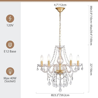Gold Candle Crystal Glass Dining Room Chandelier 5-Light Pendant Ceiling Lighting Fixture for Kitchen Hallway Living Room Bedroom Bar Closet, Luxury Contemporary Elegant Lamp, 23 Inch