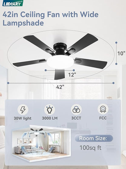 42 Inch Ceiling Fan with Lights and Remote, 30W 12" LED Panel Flush Mount Ceiling Fan, 6-Speed Quiet DC Motor Modern Low Profile Ceiling Fan with Reversible Blades for Bedroom, Bedroom, Patio