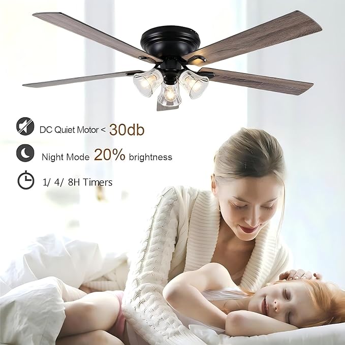 60" Vintage Ceiling Fan with Lights and Remote, Flush Mount Farmhouse Ceiling Fan 3-Lights Rustic Chandelier for Living Room Bedroom, Reversible Quiet DC Motor 6 Speeds