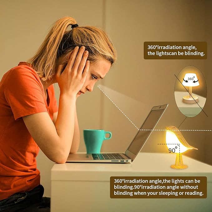 Small Cordless Bedside Lamp, Bird Lamp Touch Sensor, Night Light for Kids with Touch Dimmer,3 Level Brightness Nightstand Lamps, Rechargered Desk Lamp for Bedroom, Office, College Dorm Room