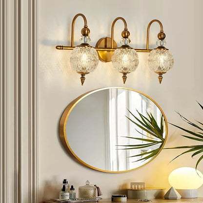Piepooye Vintage Bathroom Lights Fixtures Gold Vanity Light with Glass Globe LampShade 3 Light Mid Century G9 Bulb Wall Sconce Indoor Vanity Light Over Mirror for Kitchen Bedroom Farmhouse Living Room