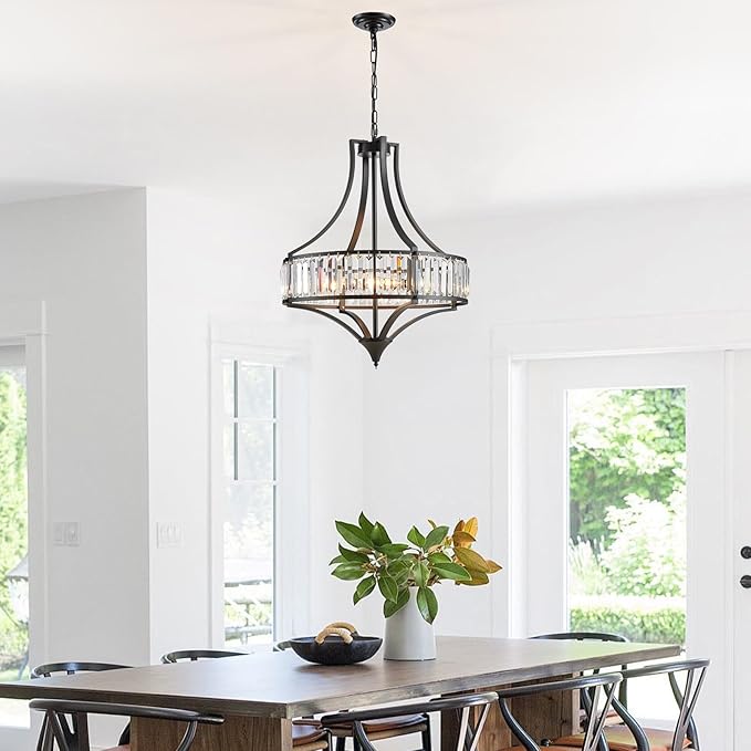 Crystal Chandeliers for Dining Room Rustic Farmhouse Chandelier with Round Metal Shade 6-Light Black Large Crystal Light Fixture for Kitchen Island Hallway Bedroom Home Office