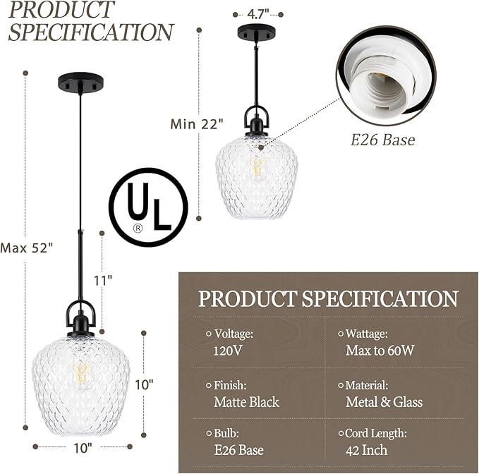 Large Glass Pendant Lights Kitchen Island, 10" 1-Light Black Pendant Light Fixtures with Hammered Glass, Modern Hanging Light for Kitchen Island Dining Room Entryway Foyer