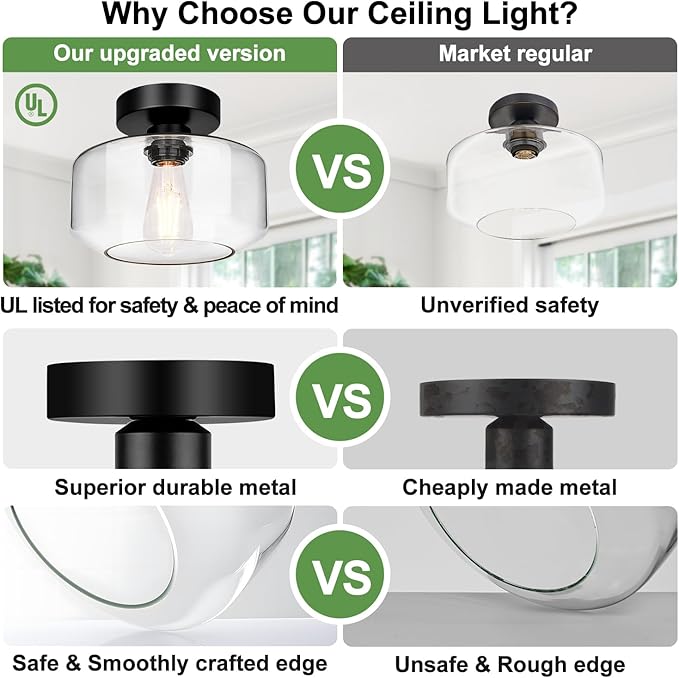 Lynnoland Industrial Semi Flush Mount Ceiling Light Black, Clear Glass Shade Ceiling Light Fixture, Farmhouse Light Fixtures for Hallway Corridor Kitchen Bathroom Bedroom Passway Foyer