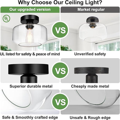 Lynnoland Industrial Semi Flush Mount Ceiling Light Black, Clear Glass Shade Ceiling Light Fixture, Farmhouse Light Fixtures for Hallway Corridor Kitchen Bathroom Bedroom Passway Foyer