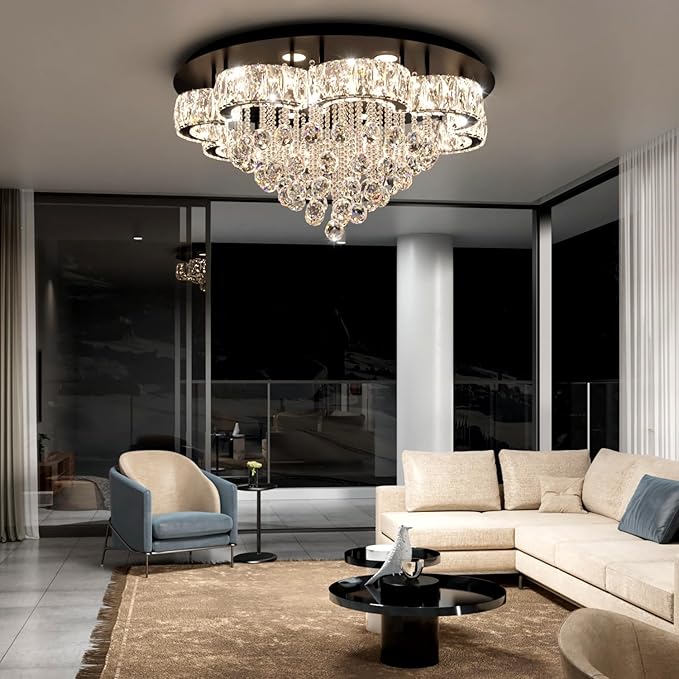Flashing God W32inches Modern Black Chandeliers Raindrop Crystal Ceiling Lighting Fixture Flush Mount Chandelier for Living Room Hallway Dining Room Kitchen Bedroom