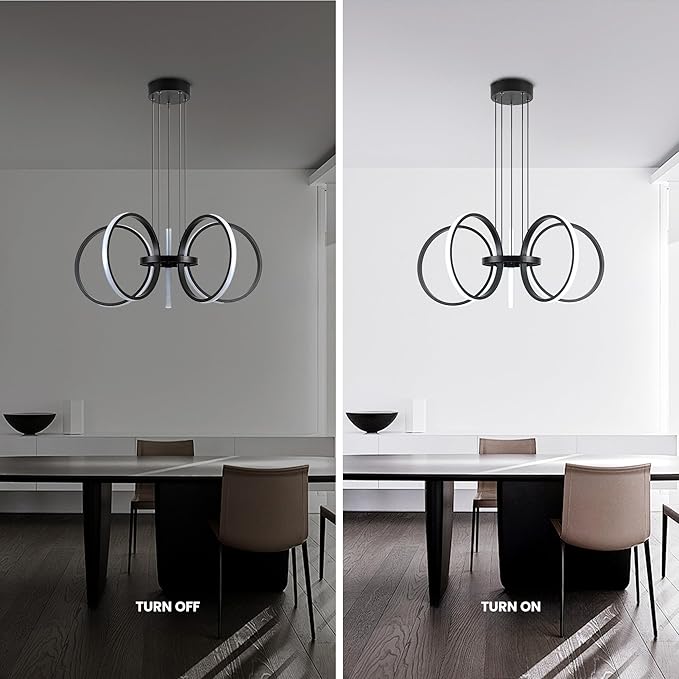 MAYNA Modern LED Chandelier, Black Pendant Light with 5 Rings, Adjustable Height Modern Chandeliers for Dining Room Living Room Kitchen Bedroom Entryway,6000k Daylight