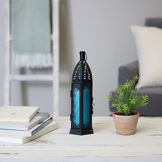 Zingz & Thingz Moroccan Style Candle Lantern Holder, Decorative Light Home Decor, Indoor & Outdoor, 13" Tall, Black with Blue Glass