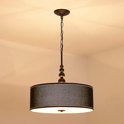 Shrine Lighting Drum Chandeliers, Farmhouse Style, Perfect Drum Pendant Light for Dining Room, D21'' x H8'', Adjustable Chains 59'', E26*3 Sockets, Black Linen Fabric Lampshade & Black Rod