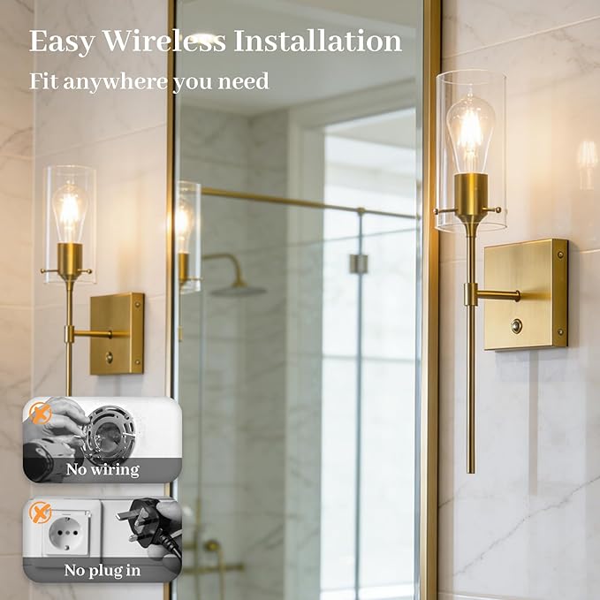 Dimmable 3 Colors Gold Battery Operated Wall Sconce Set of Two, Rechargeable Wireless Remote Control Wall Lamp Not Hardwired, Cordless Brass Wall Light for Living Room Bedroom Bathroom
