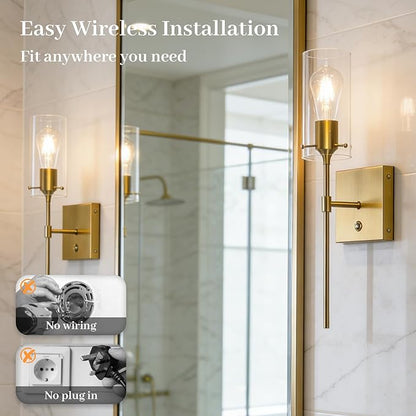 Dimmable 3 Colors Gold Battery Operated Wall Sconce Set of Two, Rechargeable Wireless Remote Control Wall Lamp Not Hardwired, Cordless Brass Wall Light for Living Room Bedroom Bathroom