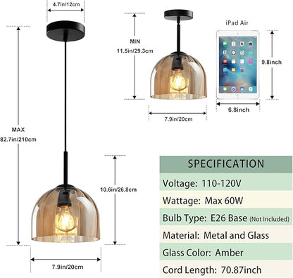 Modern Amber Glass Pendant Lights, Nordic Boho Dome Chandelier, 7.86" Bell Lamp Shape Hanging Ceiling Lighting Fixtures Kitchen Island Dining Room Table, Vintage Lampshade