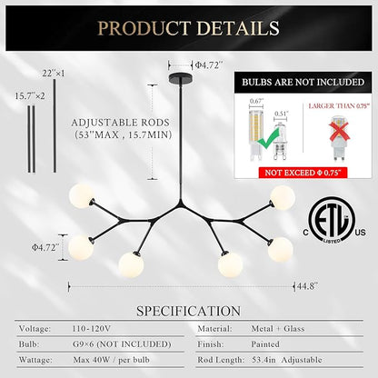 6 Lights Sputnik Chandelier for Dining Room L45’’ Black Modern Pendant Light Fixture with Milk Glass Shade Large Mid Century Chandeliers for Kitchen Island Living Room Foyer