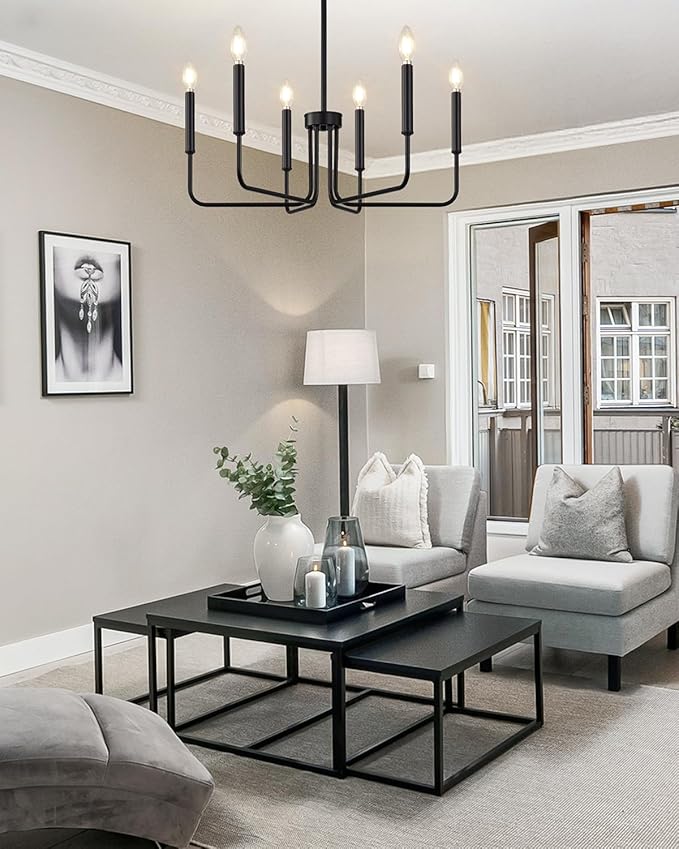 Yunnix 6 Light Matte Black Chandelier Modern Farmhouse Chandelier for Dining Room Light Fixtures Ceiling Hanging, Iron Chandelier for Bedroom, Foyer, Entryway, Kitchen, Living Room and Entryway