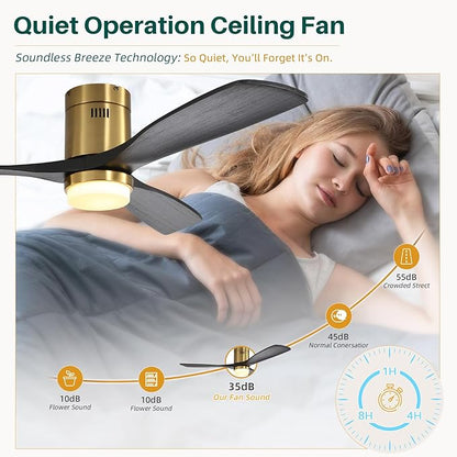 CACI Mall Smart 52 inch Wood Flush Mount Ceiling Fans with Lights and Remote, 3 Blades, Low Profile, Modern, Compatible with Alexa/Google/App, Outdoor Indoor Ceiling Fans for Bedroom/Farmhouse/Patio