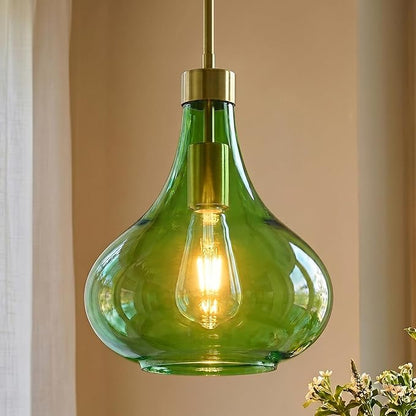 Modern Glass Pendant Light 9.44 in Green Glass Shade Gold Farmhouse Island Pendant Lights for Kitchen Pendant Lighting Over Sink Bedroom Dining Room