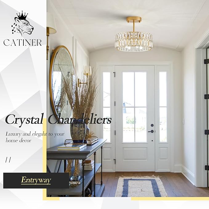 CATINER Small Gold Crystal Chandeliers, Modern Semi Flush Mount Chandelier 4-Light Drum Crystal Ceiling Pendant Light Fixture 12” for Foyer Entryway Kitchen Hallway Dining Room