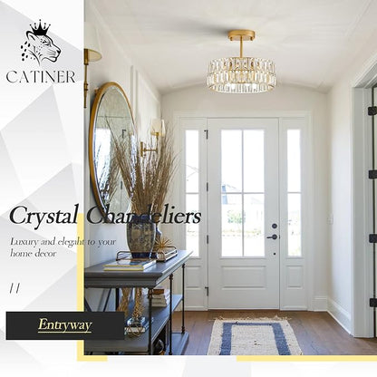 CATINER 3 Pack Small Gold Crystal Chandeliers, 4-Light Modern Semi Flush Mount Chandelier Drum Crystal Ceiling Pendant Light Fixture 12” for Kitchen Hallway Dining Room Foyer Entryway