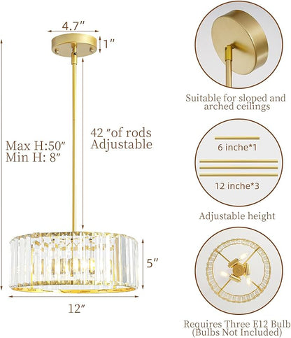 Small Gold Crystal Chandelier,Modern Dining Room Light Fixture Over Table,3-Ligh Round Kitchen Hallway Lighting Fixture, Semi Flush Mount Ceiling Pendant Light for Entryway Foyer, 12''