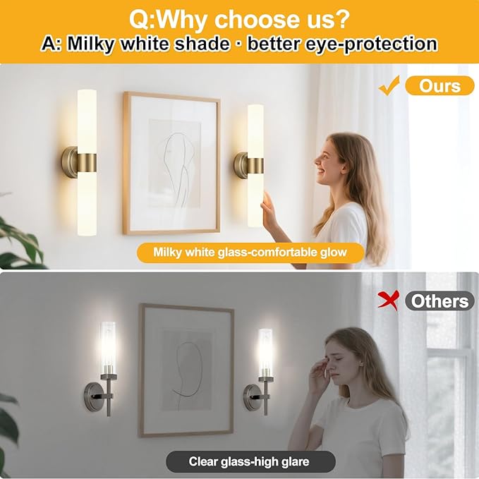 Wall Sconces Set of Two, Modern Bathroom Sconces Wall Lighting with & Milky White Glass, Brass Sconces Wall Decor Set of 2 for Bathroom Mirror Bedroom Living Room Hallway