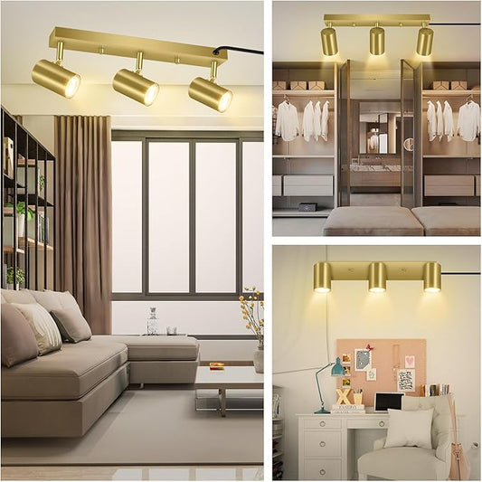 AUQUEE 3 Light Track Lighting Kit,Gold 3 Way Modern Plug in Ceiling Spotlight,Industrial LED Wall Light for Kitchen Cabinet Gallery Bar Hallway Living Room,Rocker Switch,15 Foot Cord(No Bulb)