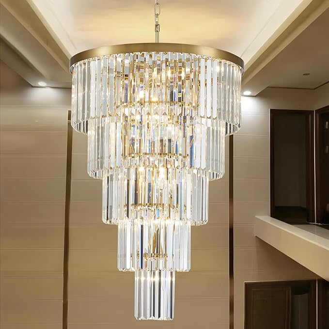 Gold Long Crystal Chandelier for High Ceiling, Height 35.5 inch 5-Tier Modern Chandeliers Lighting Fixture, Round Light for Entryway Staircase Foyer