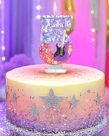 K-Pop Birthday Candle – Purple & Pink Glitter Music Theme Cake Candle with Guitar, Musical Party Decor for Girls, Teens, Kpop Fans (5)