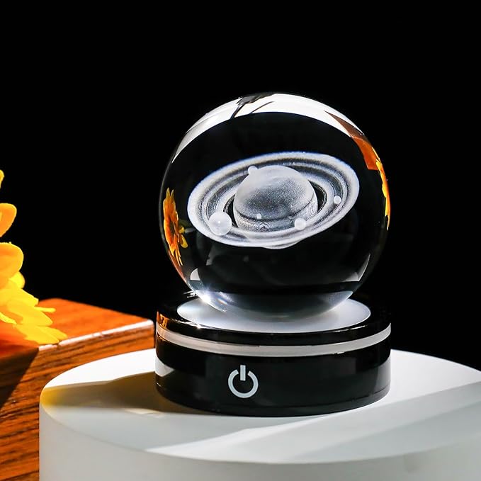 YWHL 3D Saturn Crystal Ball with LED Light Base, 3D Laser Engraved Glass Sphere Galaxy Crystal Ball for Home Decorations, Planet Saturn Lamp Gifts for Mother's Day Birthday Christmas (80mm)