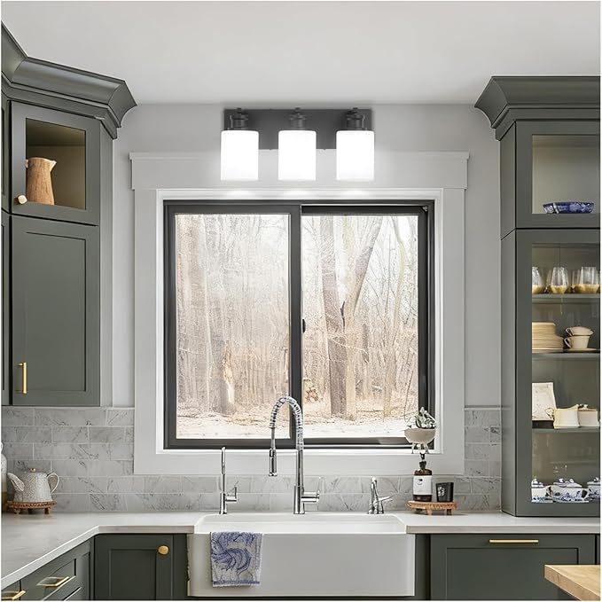 Bathroom Vanity Light, Modern 3 Light Bathroom Light Fixture Over Mirror with White Glass Shade, Black Vanity Lights for Bathroom, E26 Base, 16.5 inch (Bulbs Not Included)