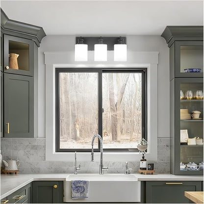 Bathroom Vanity Light, Modern 3 Light Bathroom Light Fixture Over Mirror with White Glass Shade, Black Vanity Lights for Bathroom, E26 Base, 16.5 inch (Bulbs Not Included)
