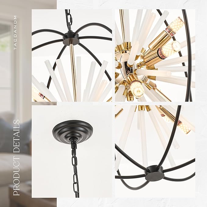 23.6" Black Gold 9-Light Globe Sputnik Chandelier Modern Firework Hanging Ceiling Glass Tube Pendant Light Fixture for Entryway Foyer Staircase Dining Living Room Hallway