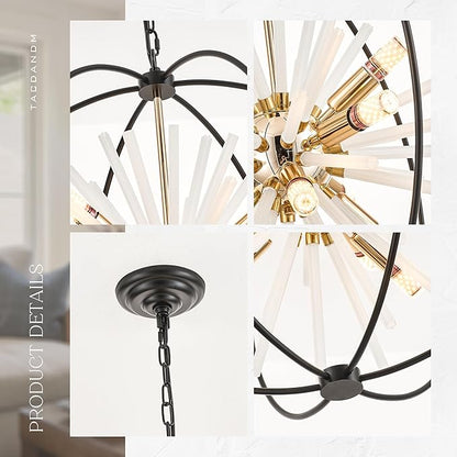23.6" Black Gold 9-Light Globe Sputnik Chandelier Modern Firework Hanging Ceiling Glass Tube Pendant Light Fixture for Entryway Foyer Staircase Dining Living Room Hallway