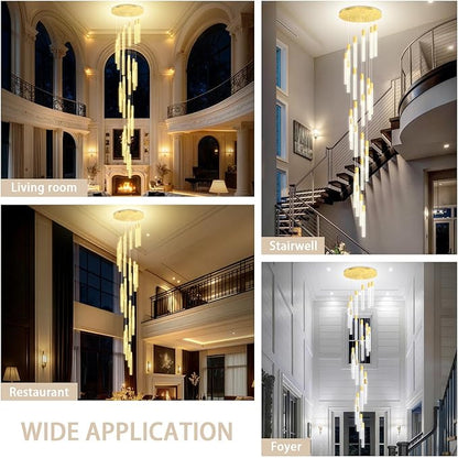12FT High Ceiling Gold Crystal Chandelier 26-Lights Modern LED Dimmable Pendant Light for Entryway Living Room Dining Room Staircase Foyer Long Hanging Glam Fixture