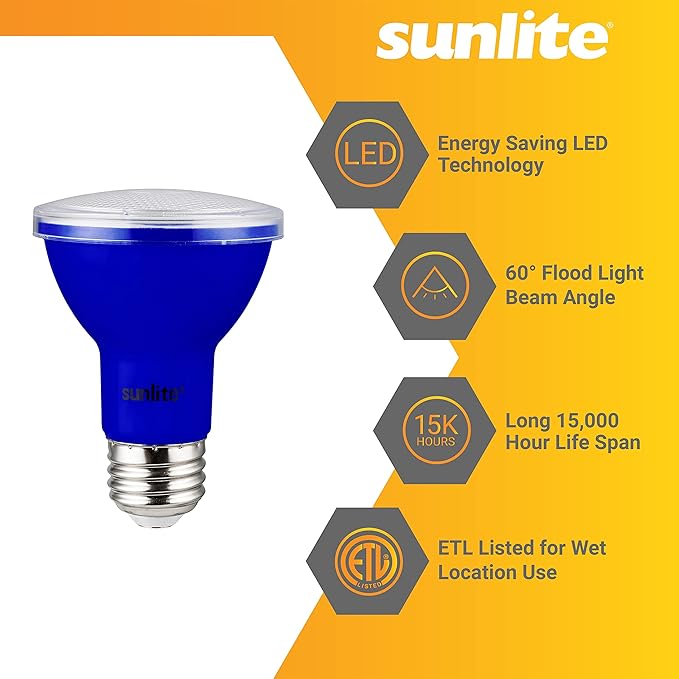 Sunlite 81467 LED PAR20 Colored Recessed Light Bulb, 3 Watt (50w Equivalent), Medium (E26) Base, Floodlight, ETL Listed, Blue, 1 Count